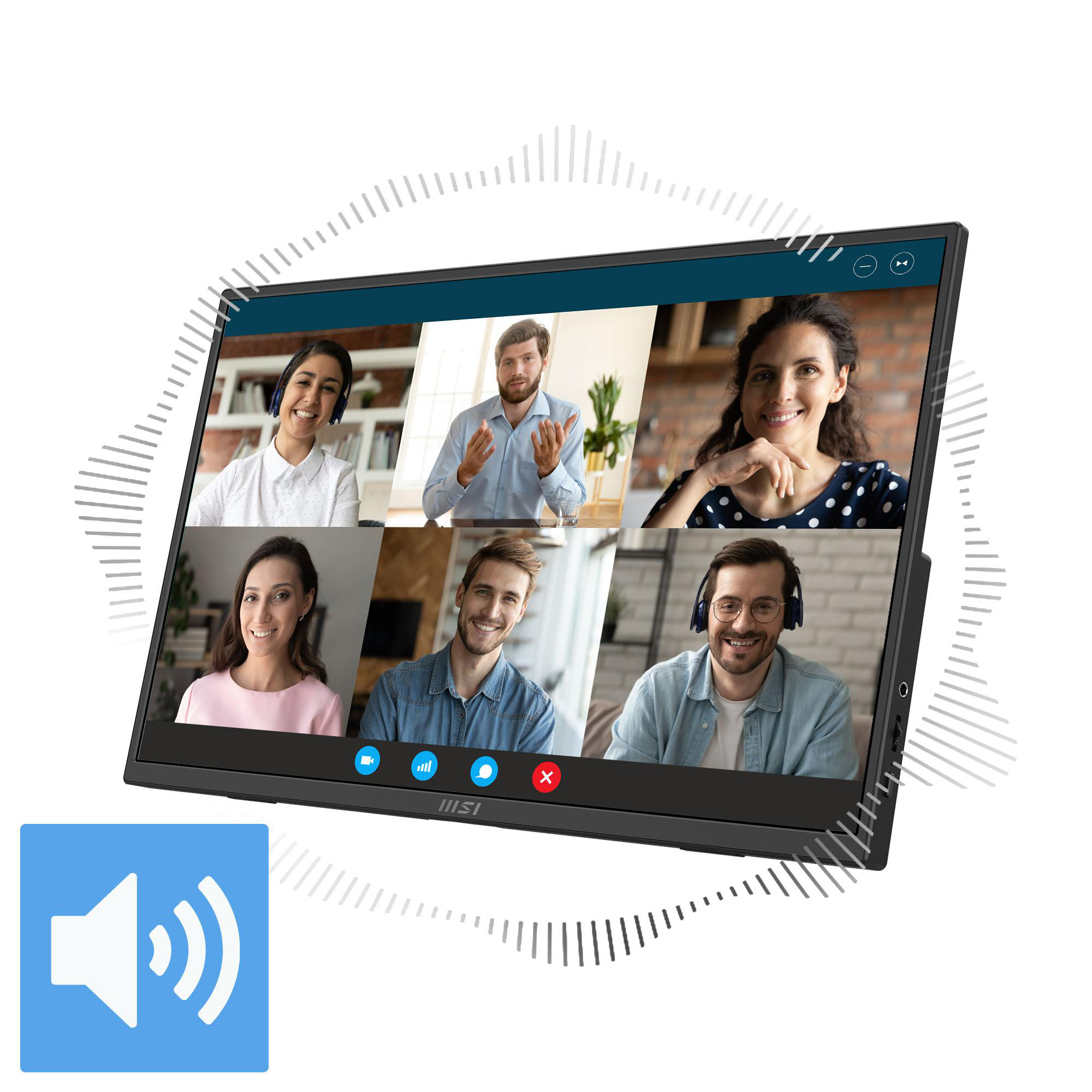 Monitor zeigt sechs Personen in einem Videoanruf. Unten links befindet sich ein Lautsprechersymbol.
