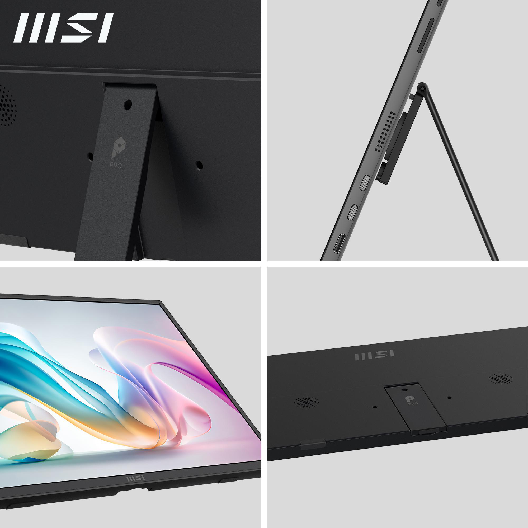 Nahaufnahme eines schwarzen MSI-Tablet-Bildschirms mit Ständer. Der Bildschirm zeigt ein farbenfrohes abstraktes Bild. MSI-Logo sichtbar.