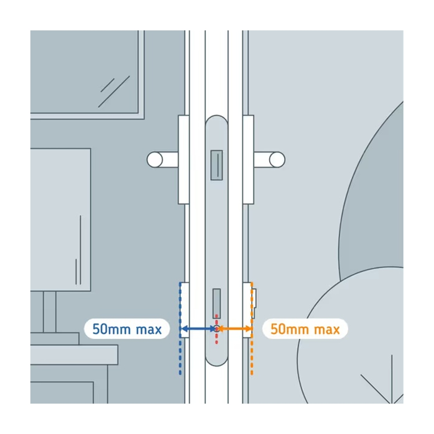 Diagramma che mostra il telaio della porta con le misure. Mostra una serratura e la distanza massima di 50 mm su ciascun lato.