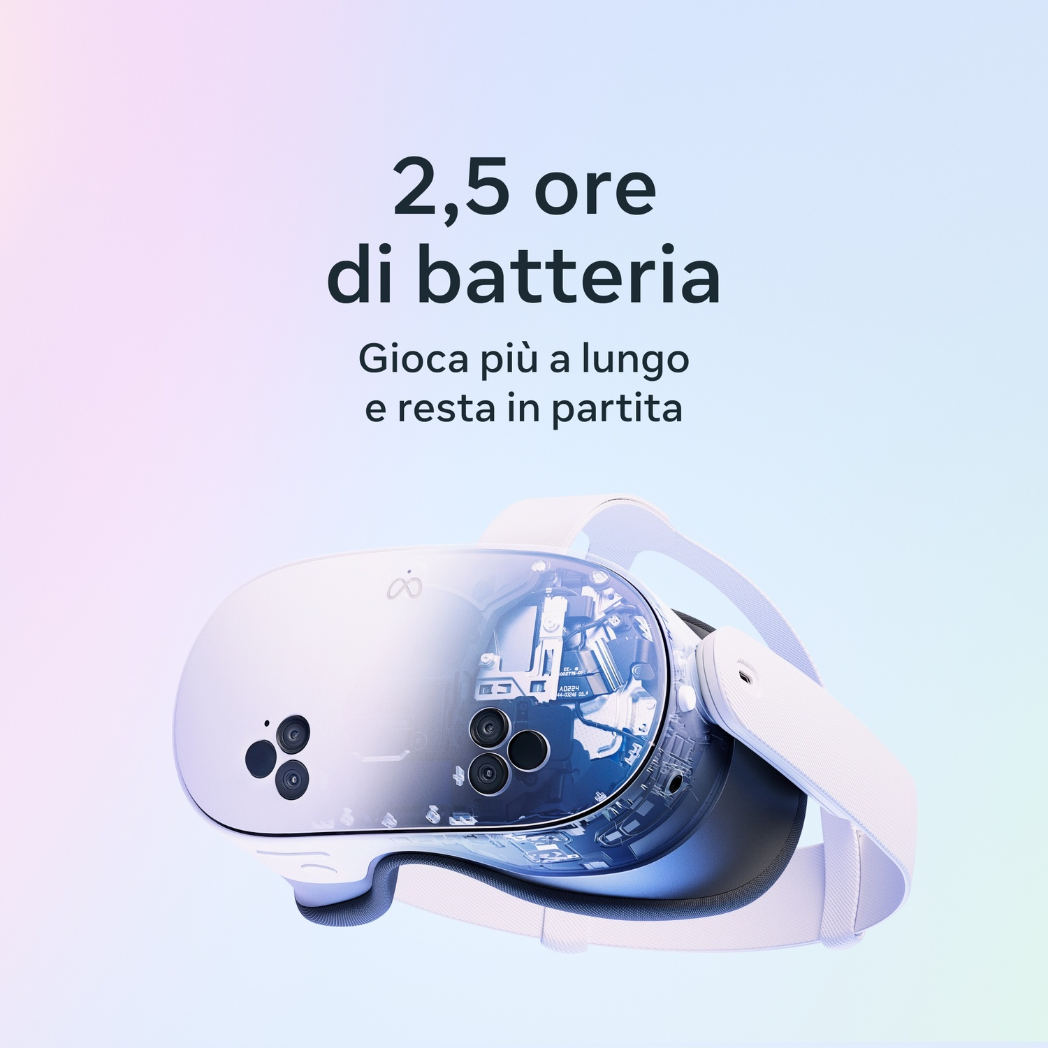 Un visore VR bianco con parte anteriore trasparente che mostra i componenti interni. Sopra c'è scritto '2,5 ore di batteria'.