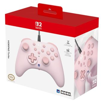 Controlador rosa HoriPad Turbo en una caja. Caja con tapa roja, lados blancos. El controlador tiene botones.