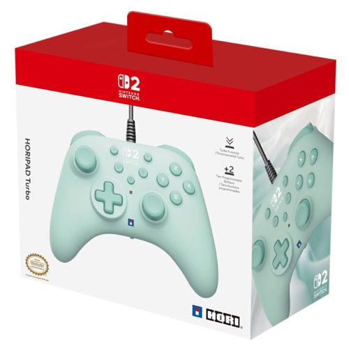 Un mando HoriPad Turbo verde menta para Nintendo Switch dentro de una caja. La caja es blanca y roja. El mando tiene botones y un cable.