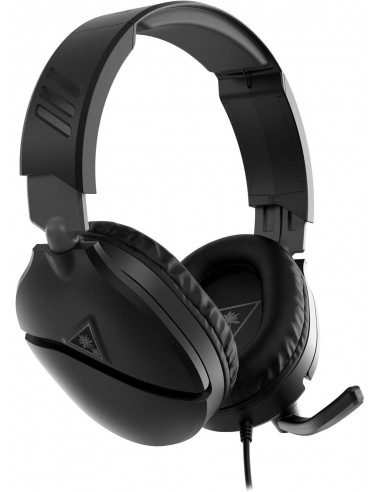Auriculares para juegos negros sobre fondo blanco. Tiene auriculares grandes, una diadema y un micrófono. Un cable sale de la parte inferior.
