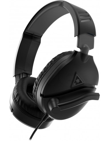 Auriculares para juegos negros sobre un fondo blanco. Tiene un micrófono y un cable. Los auriculares son redondos y acolchados. El logotipo de la marca es visible.