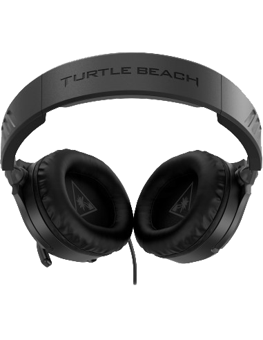 Auriculares Turtle Beach negros con auriculares y diadema. Logotipo visible en la diadema y dentro de los auriculares. Cable colgando.