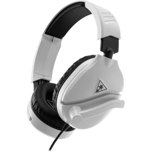 Auriculares para juegos blancos y negros. Los auriculares tienen una estructura y almohadillas blancas, con acolchado negro y un cable negro.