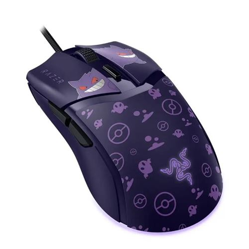 Un ratón gamer Razer morado con diseño de Pokémon Gengar y logotipo. Presenta patrones de Pokémon y fantasmas.