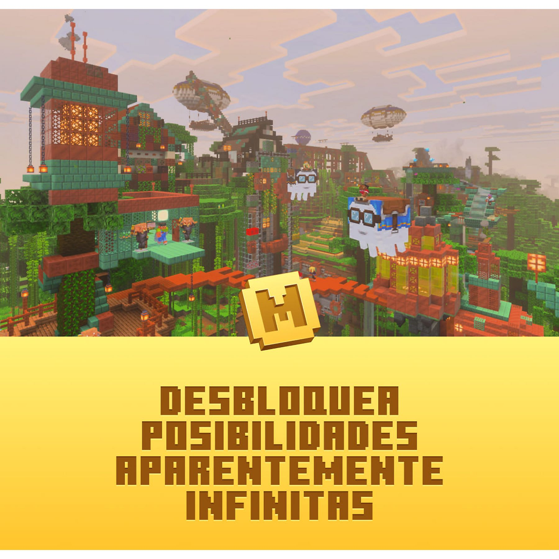 Ciudad estilo Minecraft con naves aéreas, edificios y una moneda de oro. 'Desbloquea posibilidades aparentemente infinitas'.