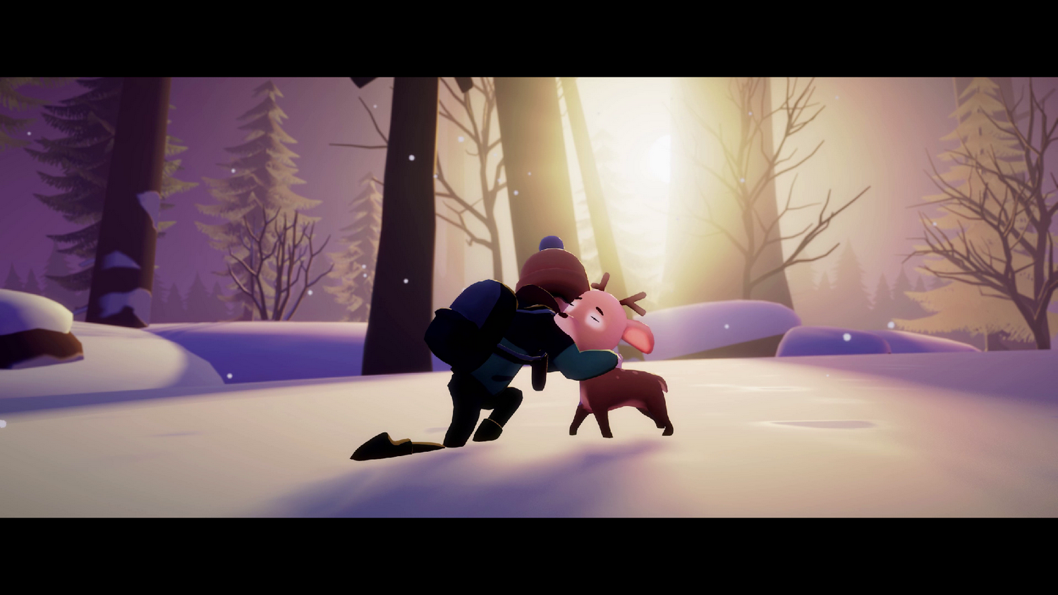 Una persona arrodillada abraza un pequeño ciervo en un bosque nevado. Los árboles y la nieve crean una escena invernal.