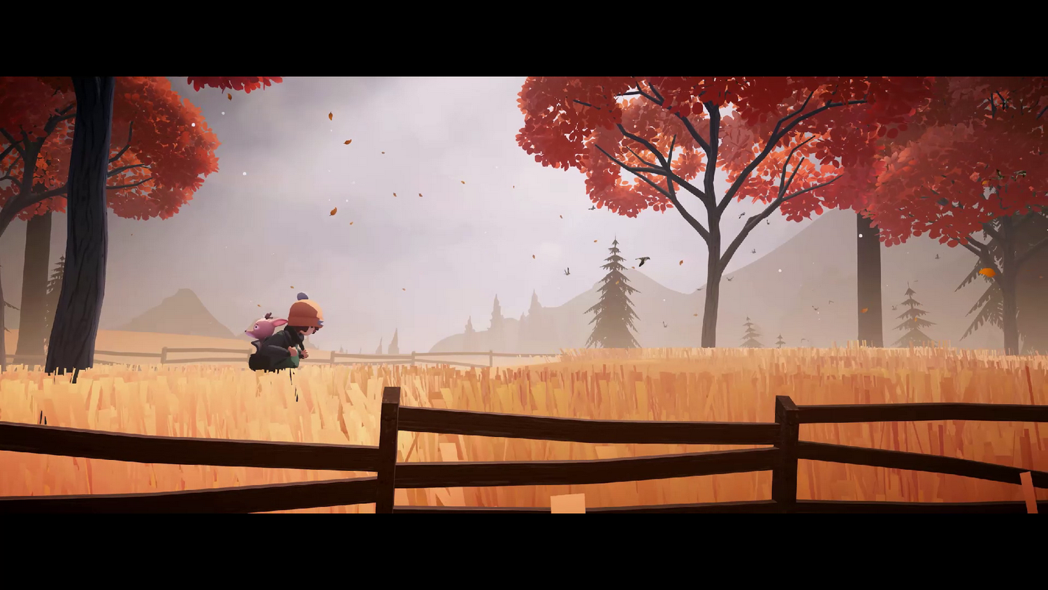 Una escena de dibujos animados representa a una persona con un animal rosa en un campo con árboles y una valla de madera. Los árboles tienen hojas rojas.