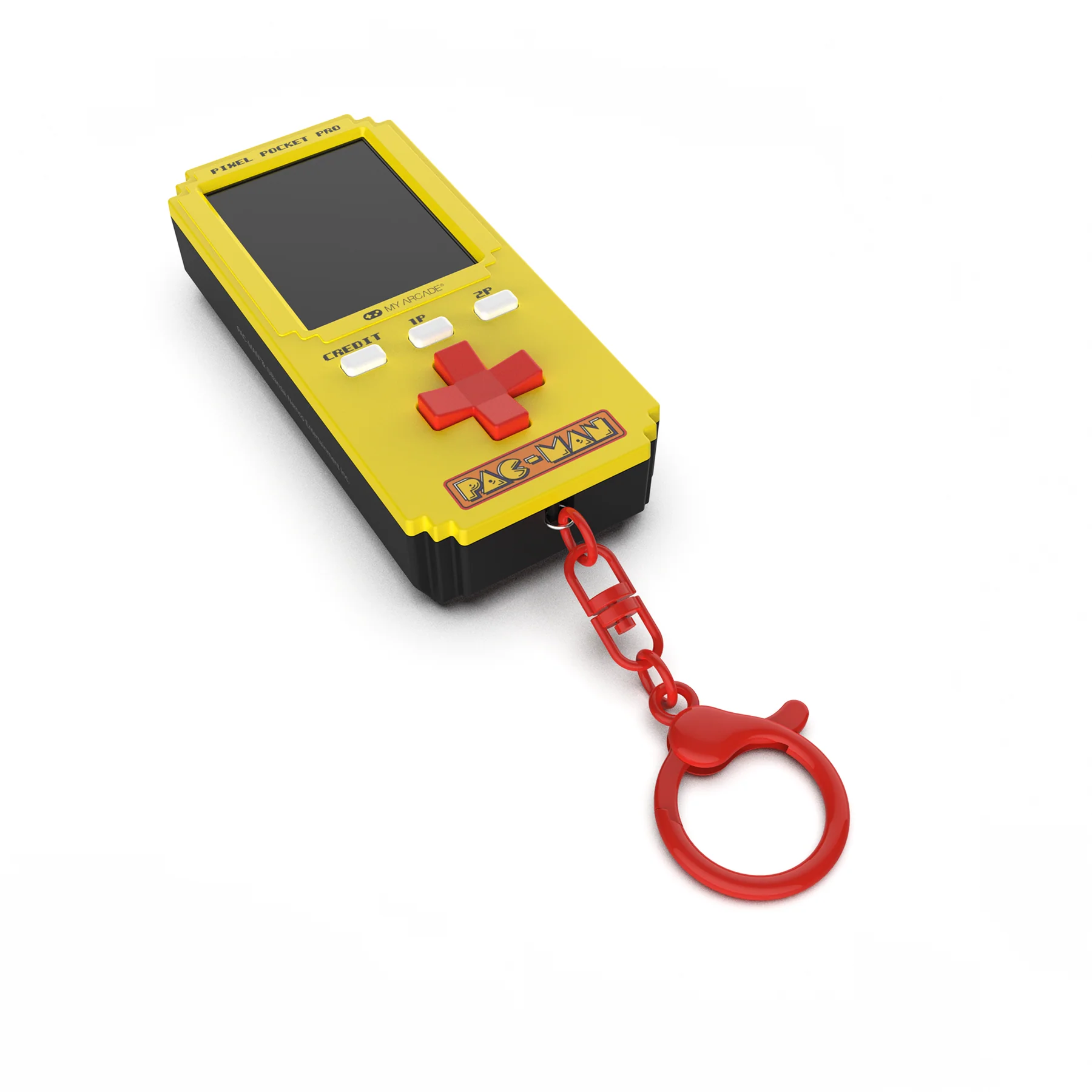 Una consola de juegos portátil Pac-Man amarilla con una cruceta roja y un llavero rojo.