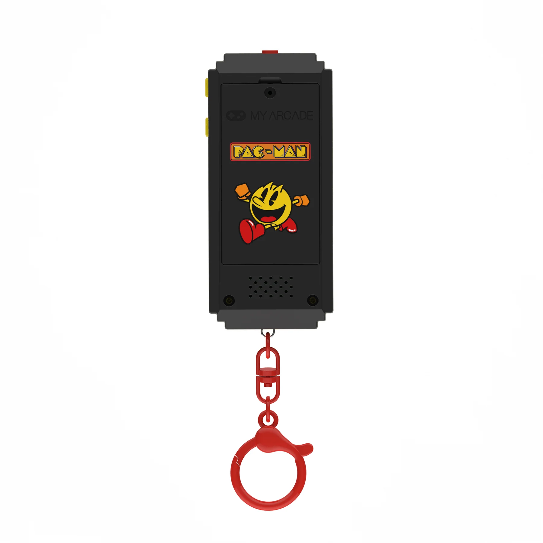 Un juego portátil negro de Pac-Man con un llavero rojo. El juego tiene botones amarillos y un logotipo de Pac-Man.