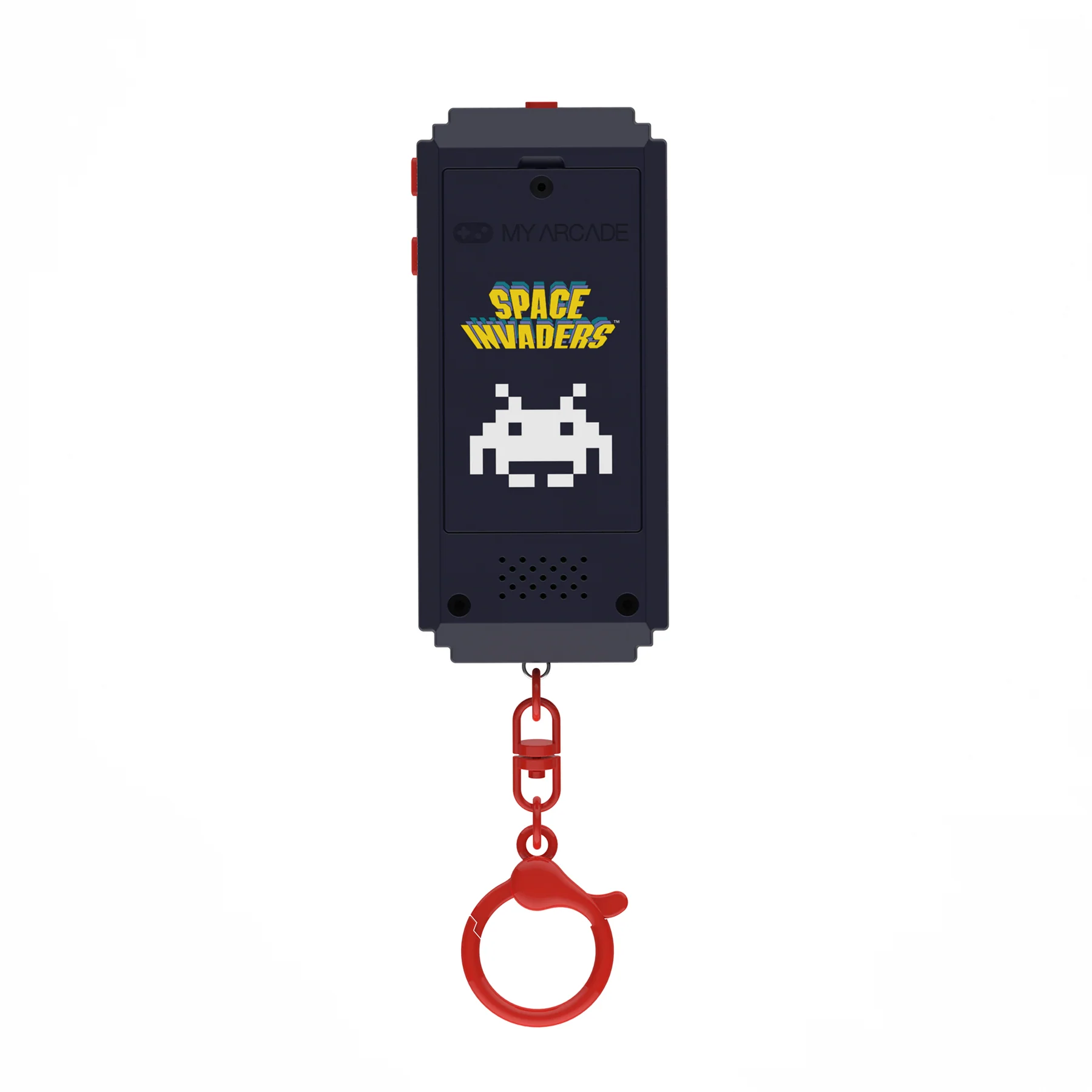 Una consola de juegos portátil Space Invaders. Es azul oscuro con un clip rojo y un llavero rojo. El fondo es blanco.
