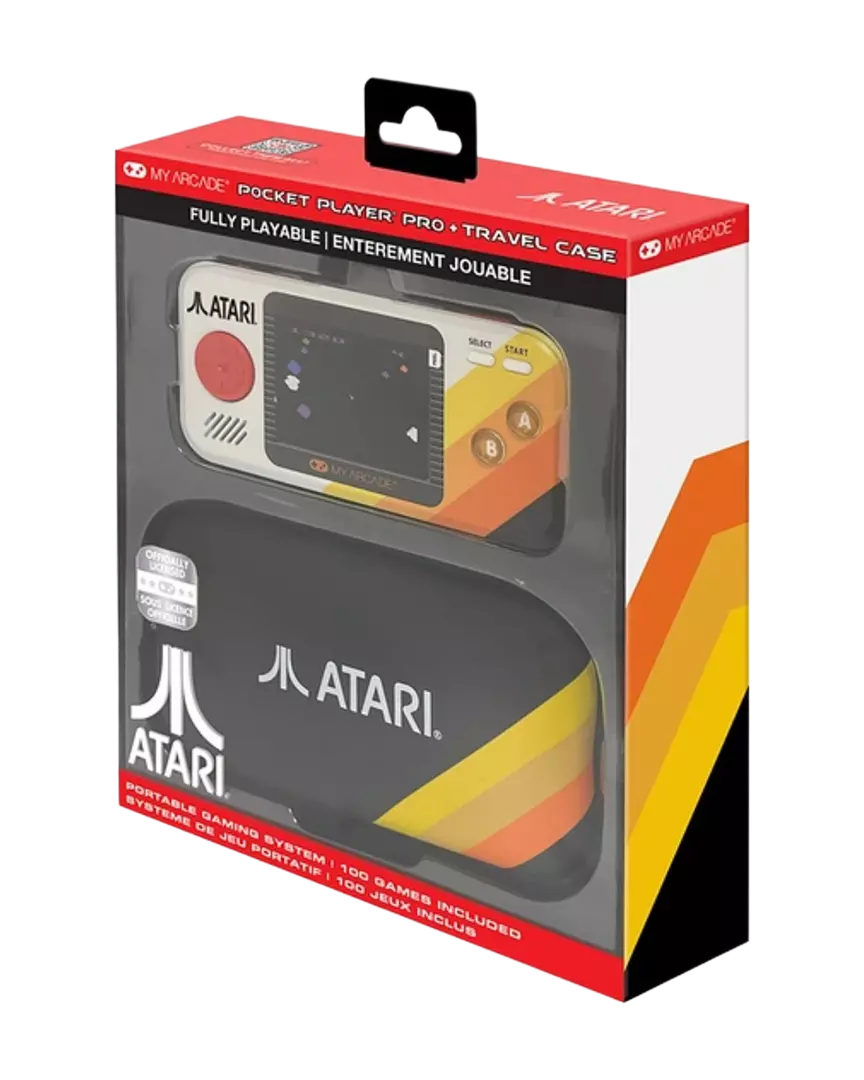 Atari Pocket Player Pro en caja. Tiene una consola de juegos portátil y una funda negra. La caja es roja, blanca y naranja.