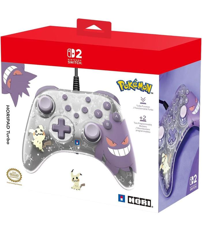 Una caja de controlador de Nintendo Switch. La caja es roja y blanca, con el controlador visible. Presenta personajes de Pokémon.