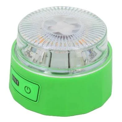 Una luz de advertencia LED verde y redonda. Tiene una parte superior transparente y un botón de encendido/apagado, un indicador de batería en el lateral.