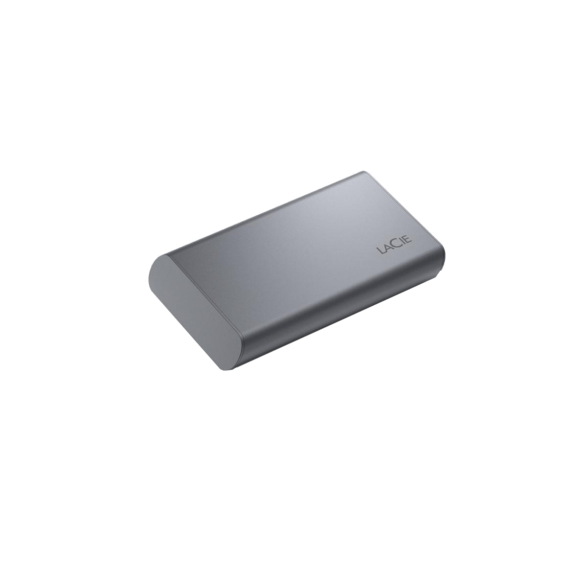 Un disco duro externo plateado LaCie sobre un fondo negro. El disco es rectangular con bordes redondeados.