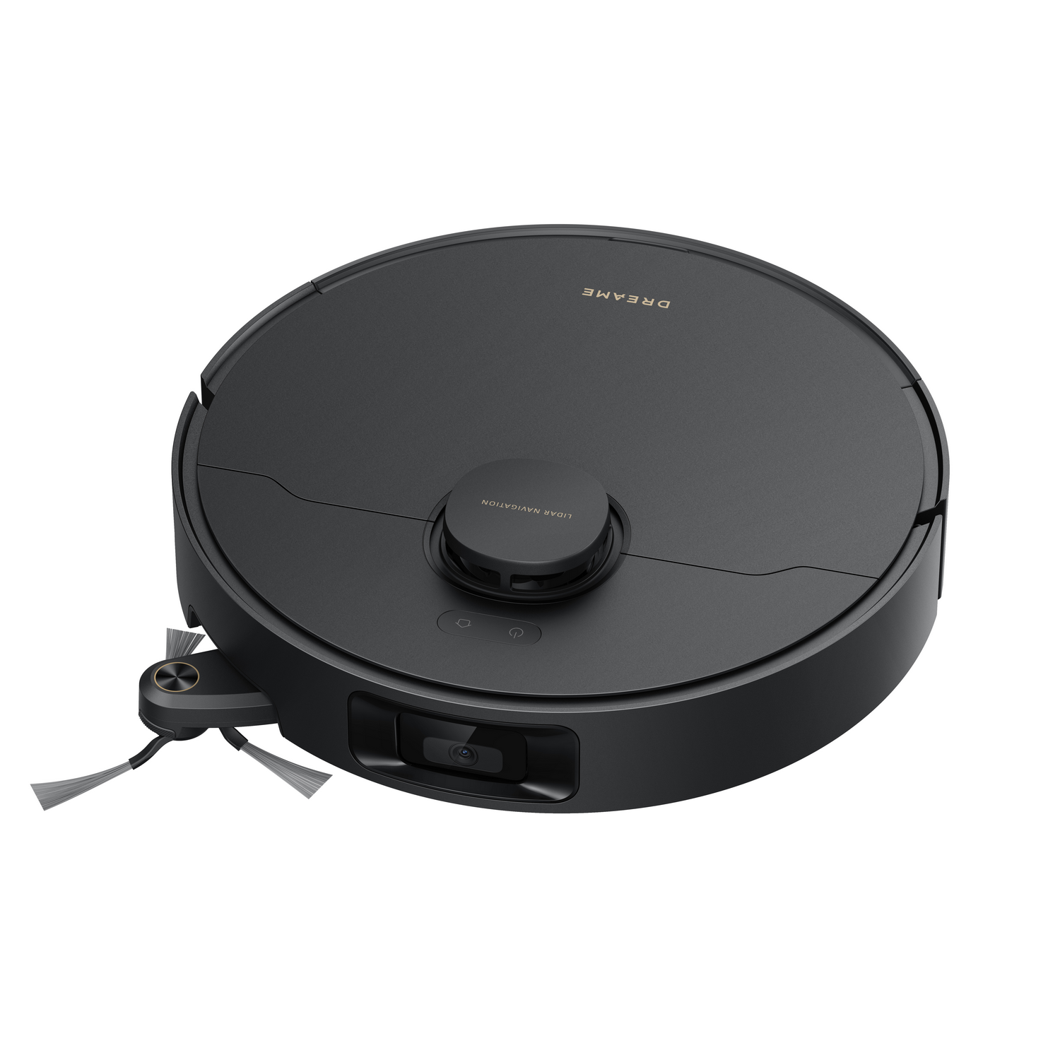 Una aspiradora robot Dreame negra, redonda con un sensor central. Tiene un cepillo lateral y un panel de botones frontal.