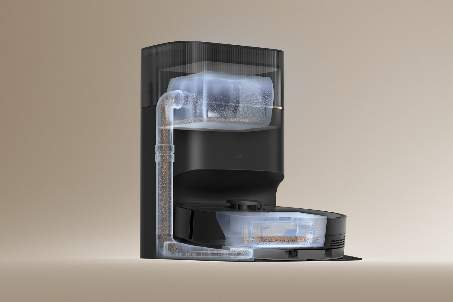 Un robot aspirador negro con depósitos de agua transparentes y una tubería. El fondo es beige degradado.