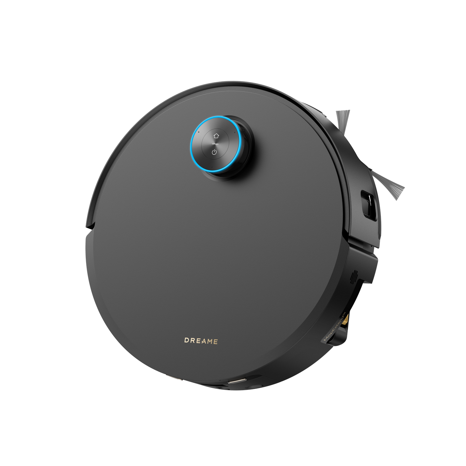 Una aspiradora robot Dreame negra con diseño circular. Tiene un botón de encendido con luz azul y cepillos laterales.