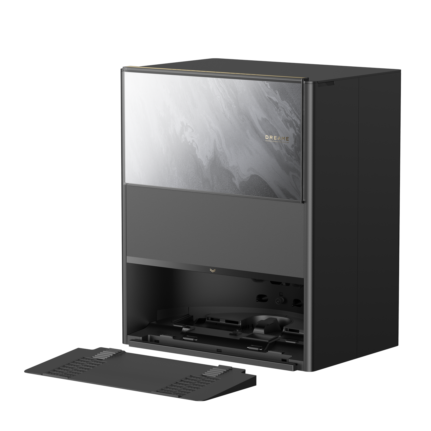 Un dispositivo rectangular gris oscuro con un panel frontal tipo mármol, un compartimento inferior abierto y una bandeja separada sobre fondo gris.