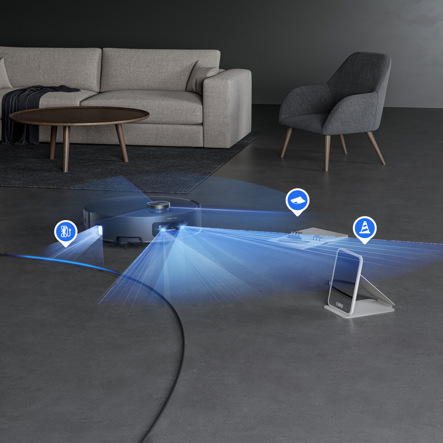 Una aspiradora robot limpiando una sala de estar. Un sofá, una silla y una mesa son visibles en el fondo.