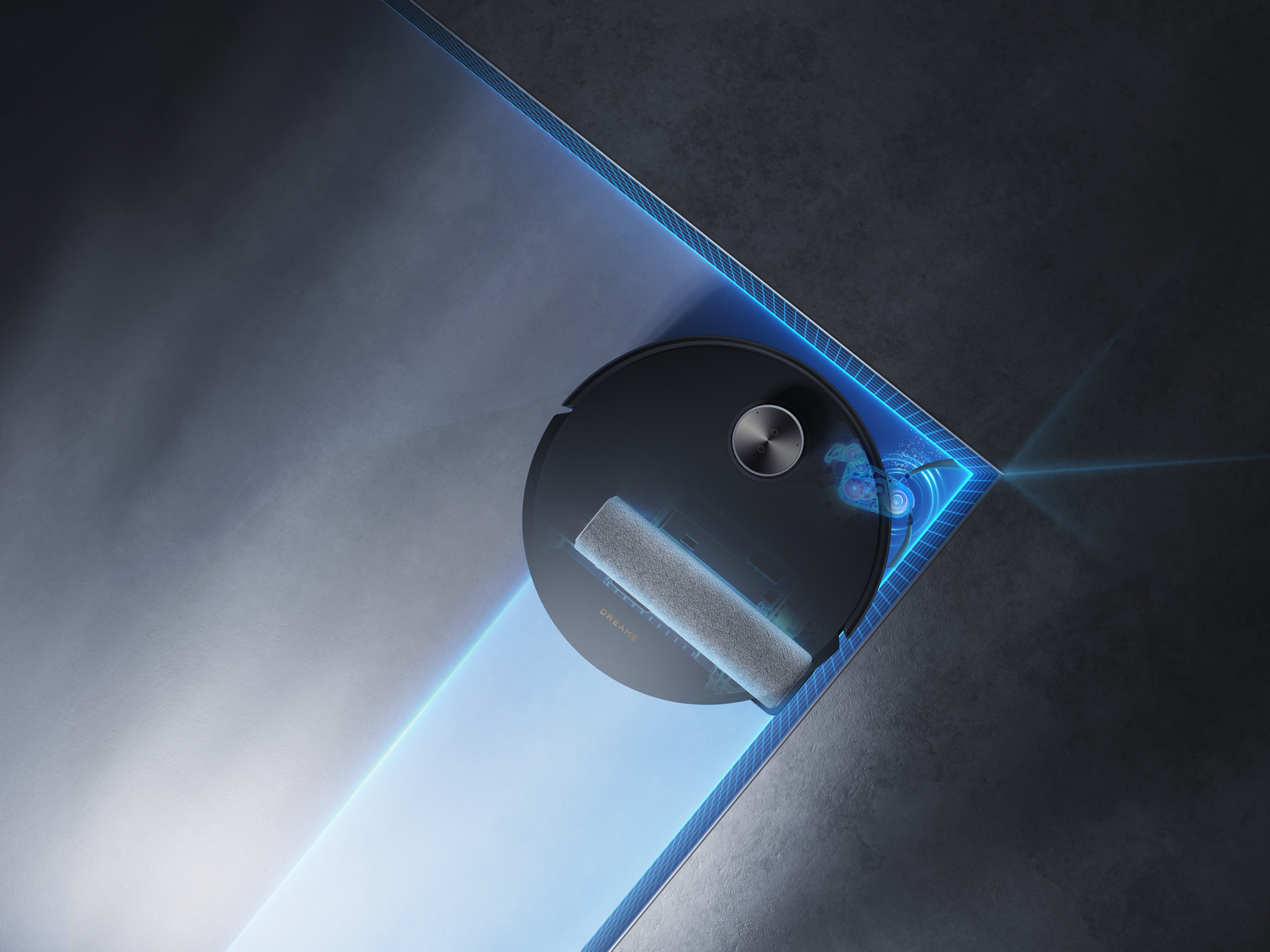 Una aspiradora robot negra sobre suelo gris. Líneas azules y efectos de luz resaltan la ruta y el área circundante.
