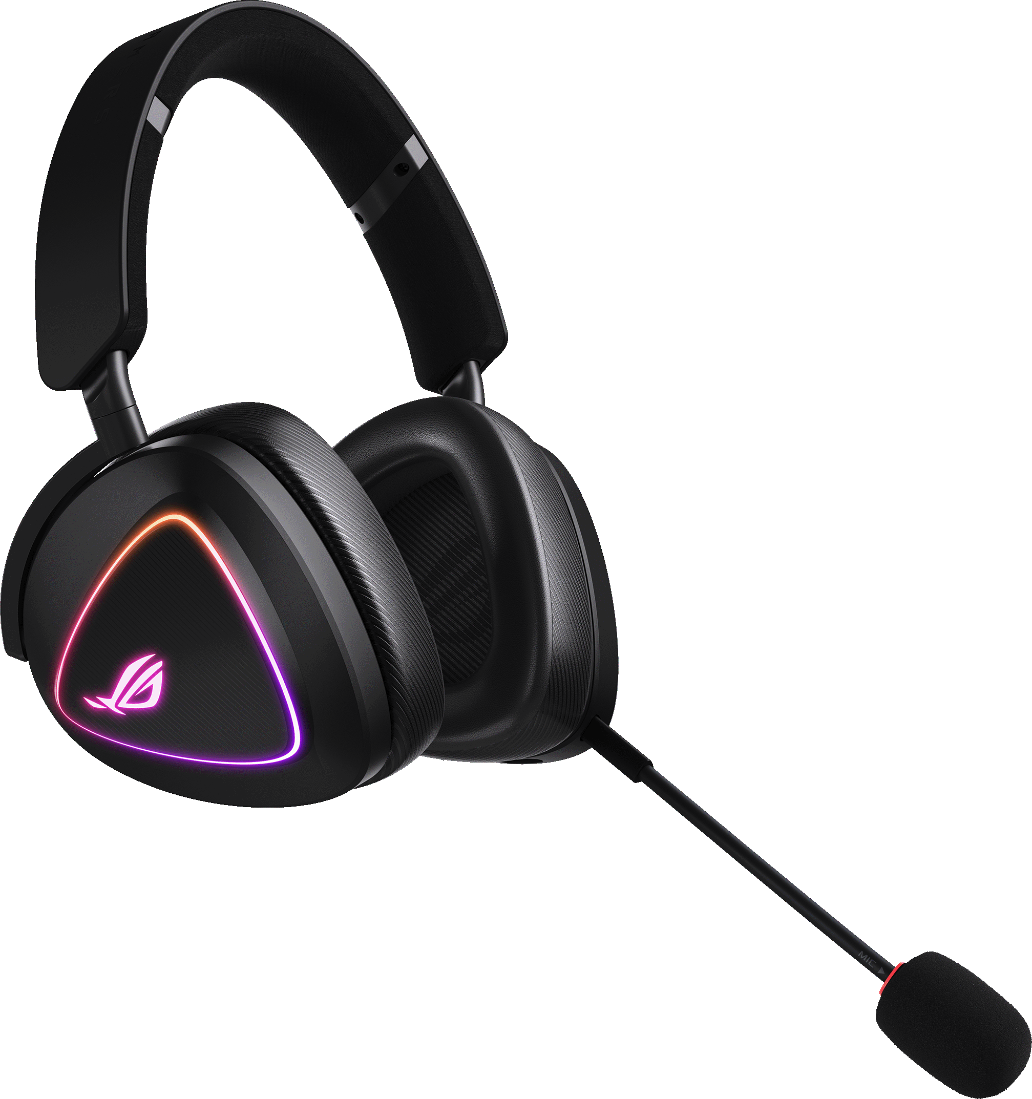 Cuffie da gioco nere con logo luminoso e microfono collegato. Sfondo nero.