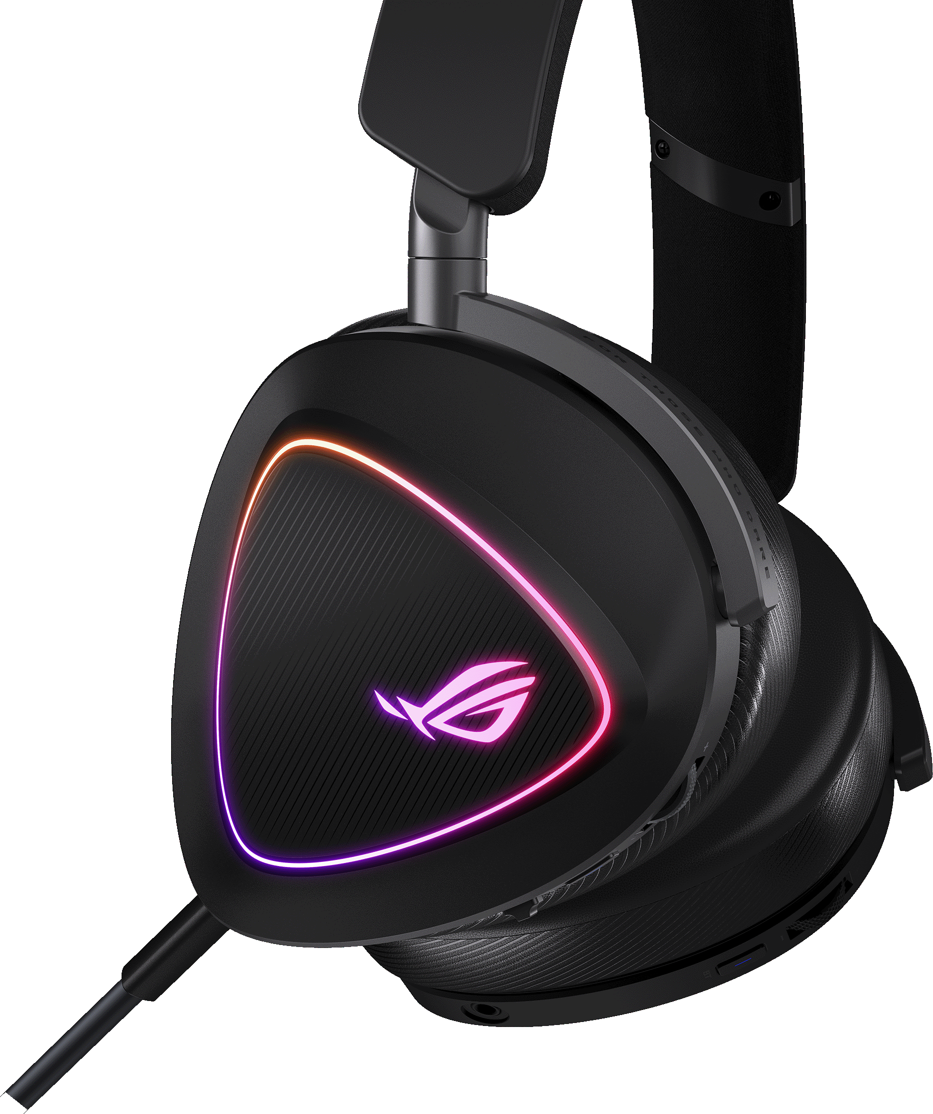 Cuffie da gioco nere con bordi luminosi. Il logo ROG è illuminato. Lo sfondo è nero.
