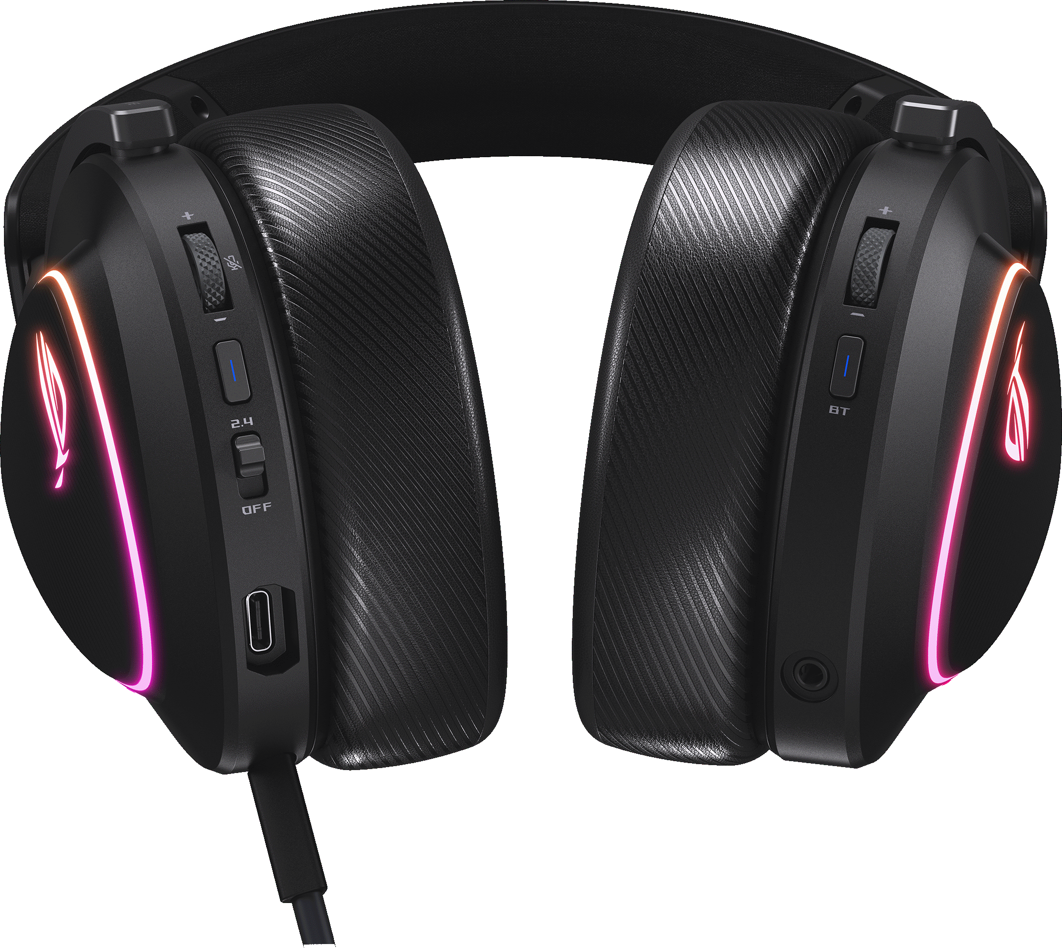 Cuffie da gioco nere con illuminazione RGB. Presentano controlli del volume, pulsanti e una porta USB. Isolate su sfondo nero.