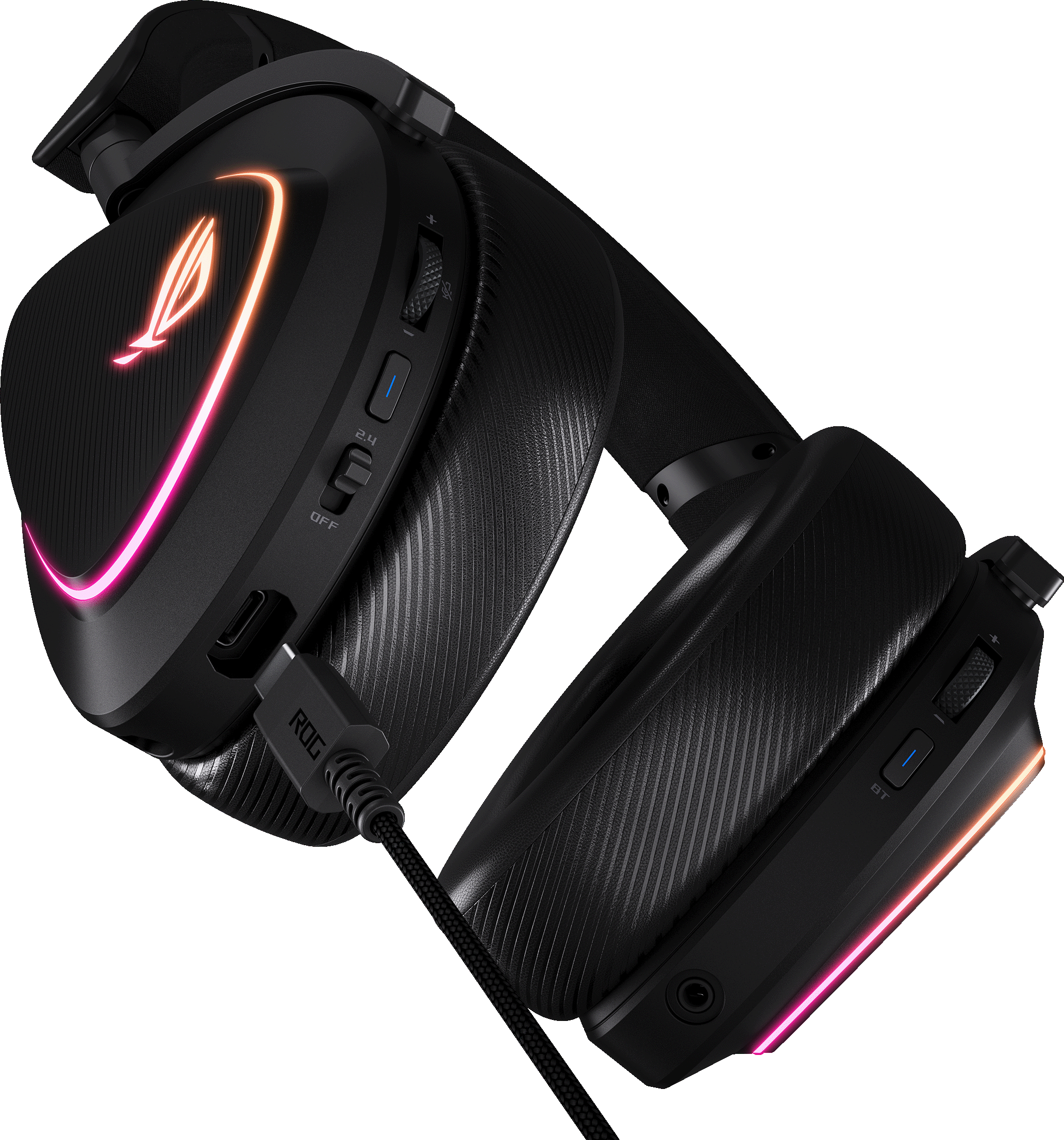 Cuffie da gaming nere con illuminazione RGB. Include cavo, controllo volume e design elegante su sfondo nero.