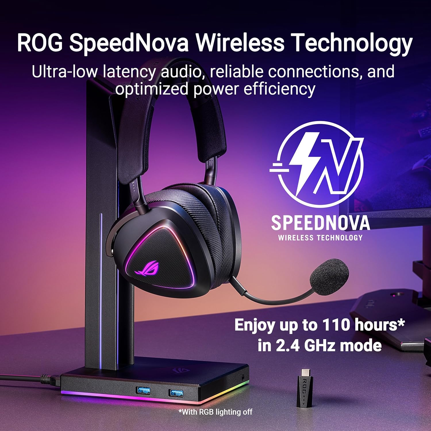 Cuffie su un supporto con base di ricarica. Il supporto ha illuminazione RGB. Testo: ROG SpeedNova Wireless Technology.