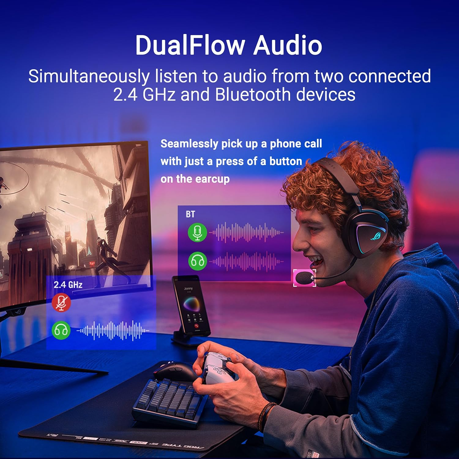 Un uomo con le cuffie è seduto a una scrivania con uno schermo. L'immagine mostra DualFlow Audio. Sta sorridendo e tiene un mouse.