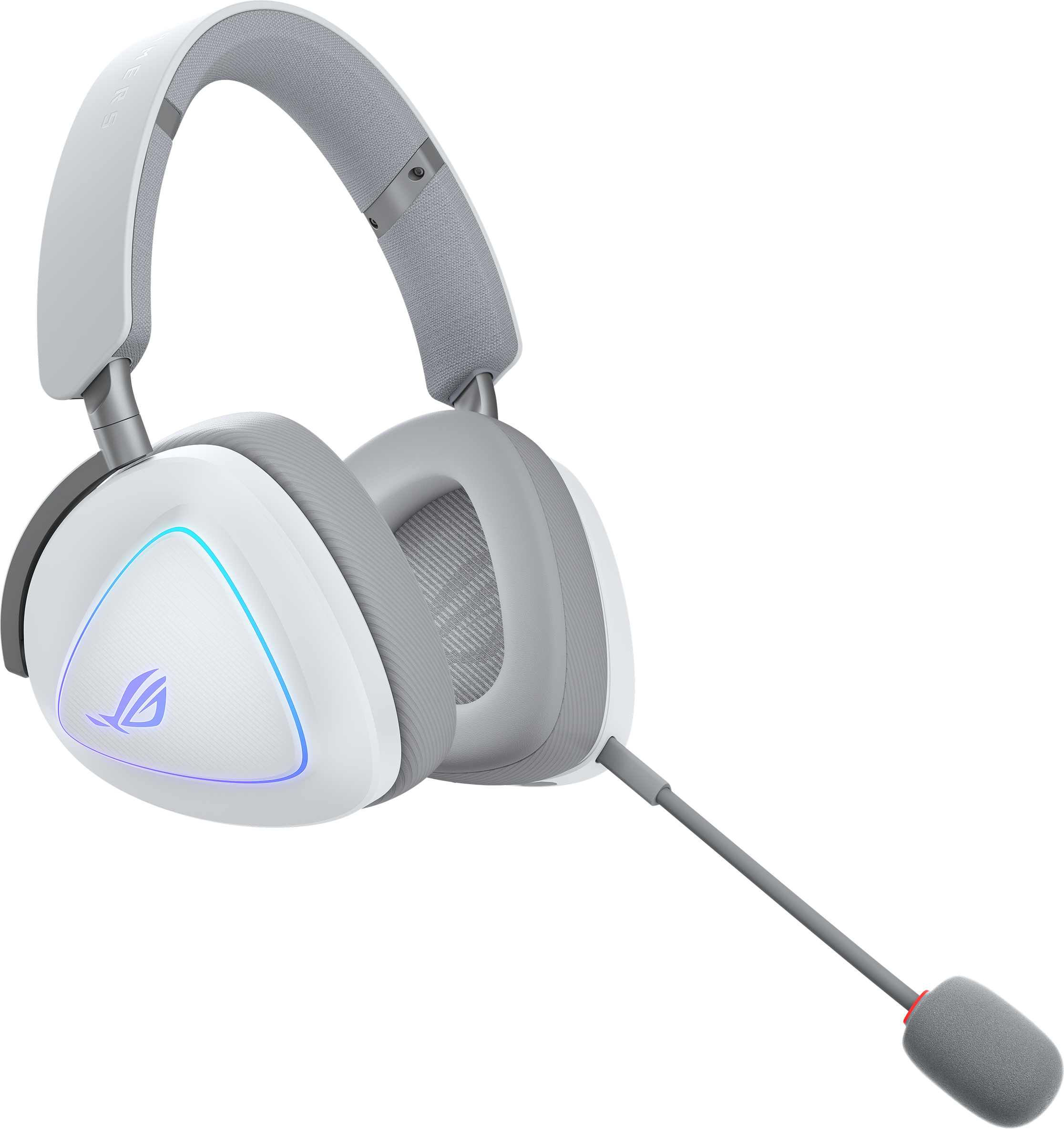 Weiß-graues Gaming-Headset mit Mikrofon. Die Ohrmuscheln haben einen leuchtend blauen Rand und das ROG-Logo.