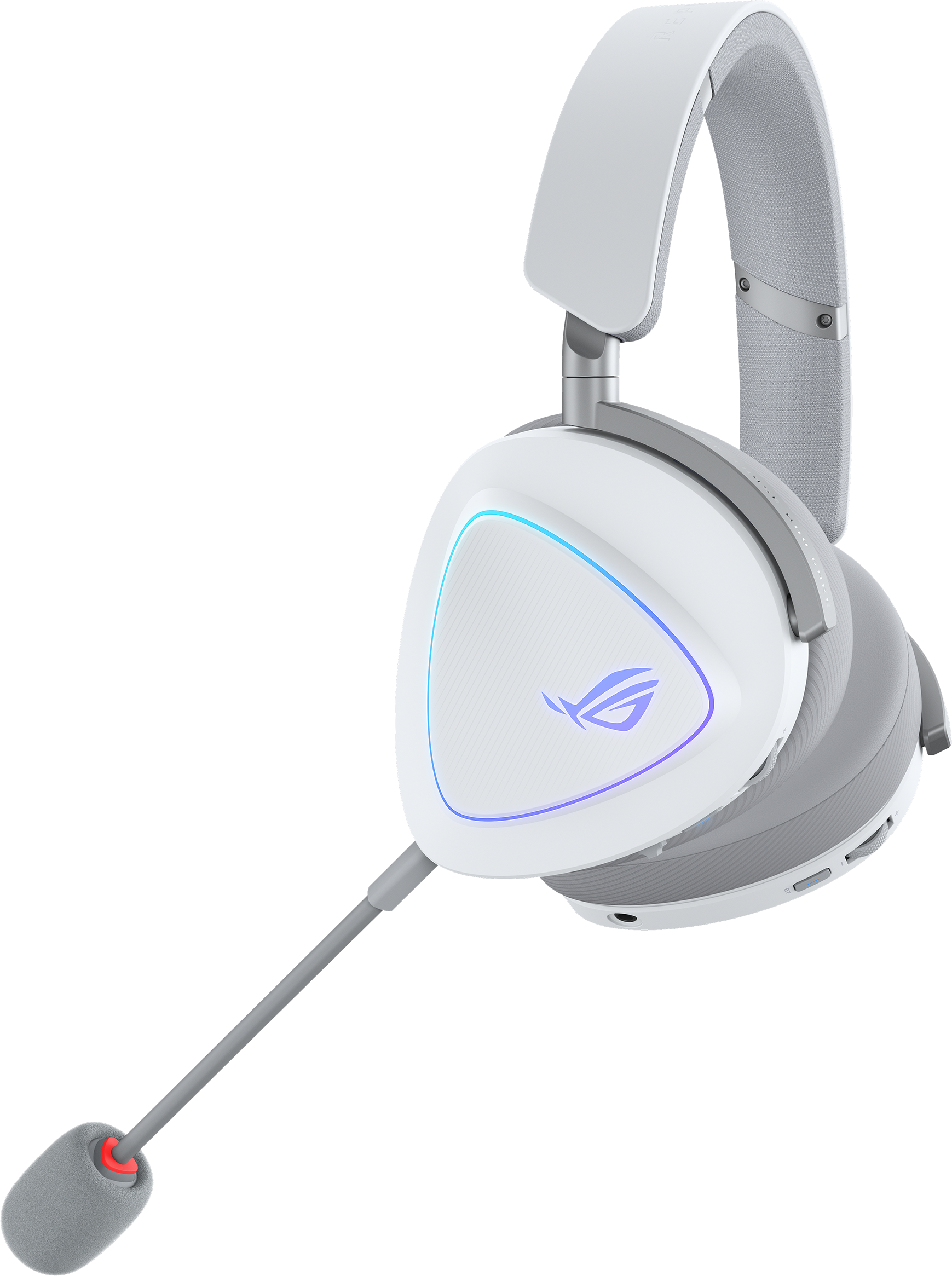 Weiß-graues Gaming-Headset mit Mikrofon. Das ROG-Logo befindet sich auf dem Ohrmuschel.