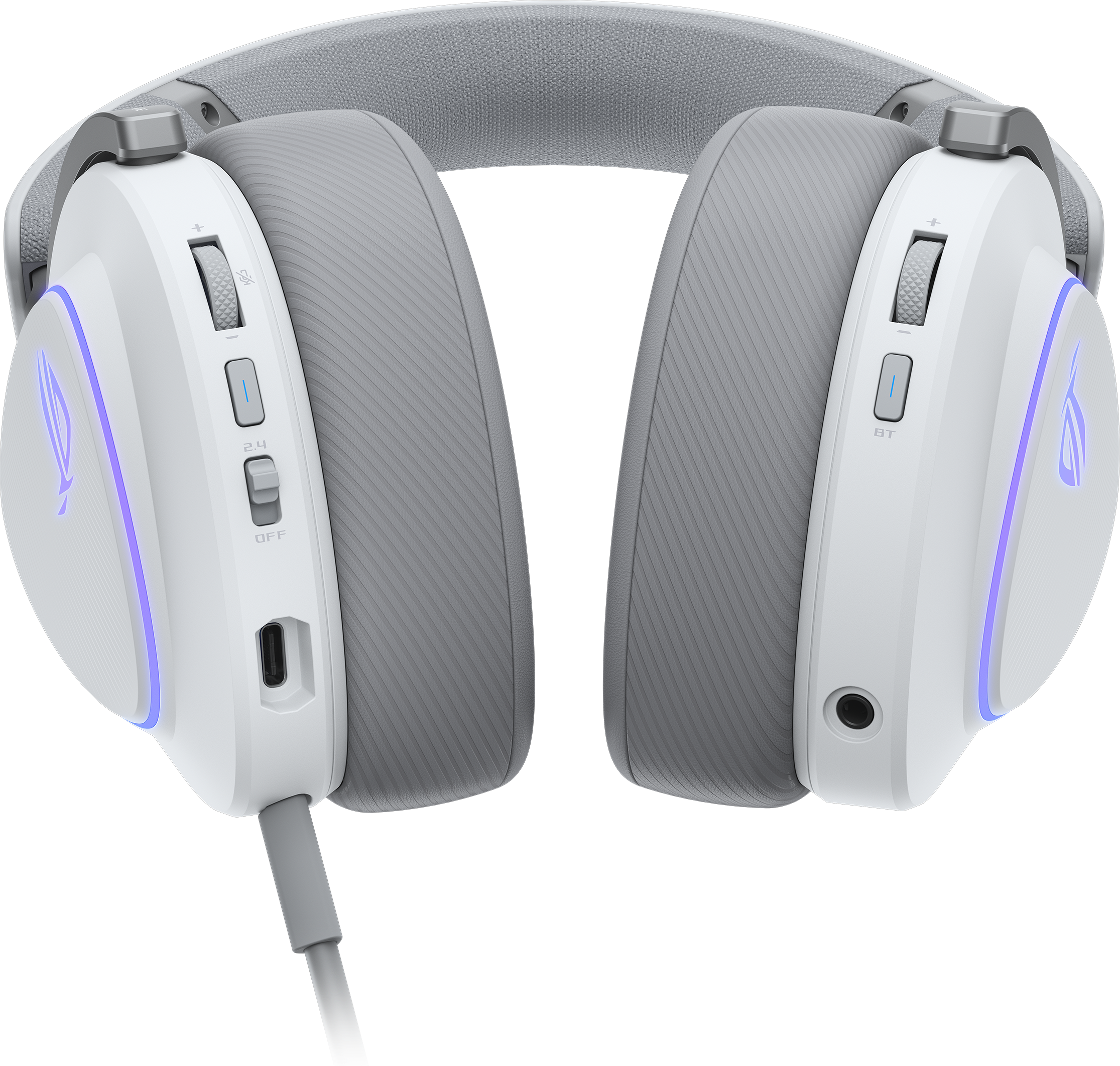 Weiße und graue Gaming-Kopfhörer. Bedienelemente und Logos sind sichtbar. Ein Kabel erstreckt sich von einer Ohrmuschel.