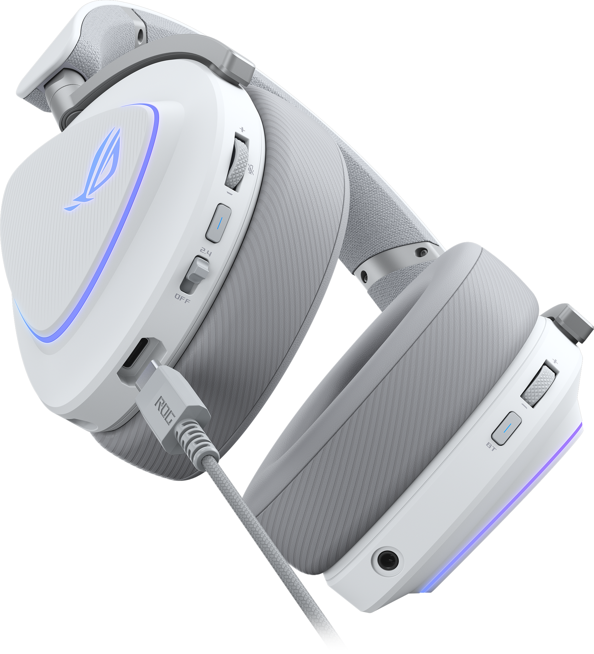Weißes und graues Gaming-Headset. Blaue LED-Akzente. ROG-Logo. Schwarzer Hintergrund. Kabel verbunden.