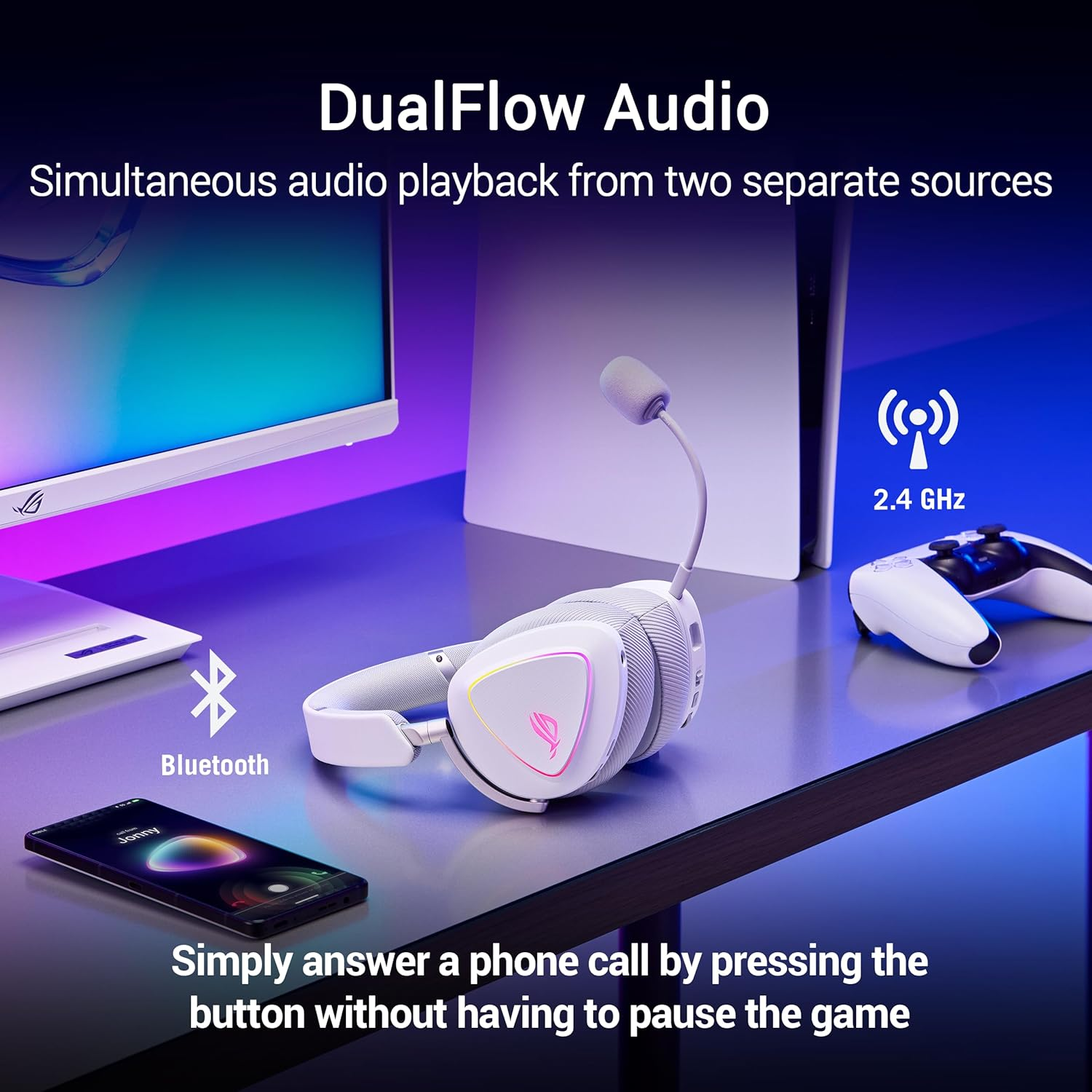 Weißes Gaming-Headset mit Mikrofon, neben einem Controller und einem Smartphone. Text: DualFlow Audio und Bluetooth.