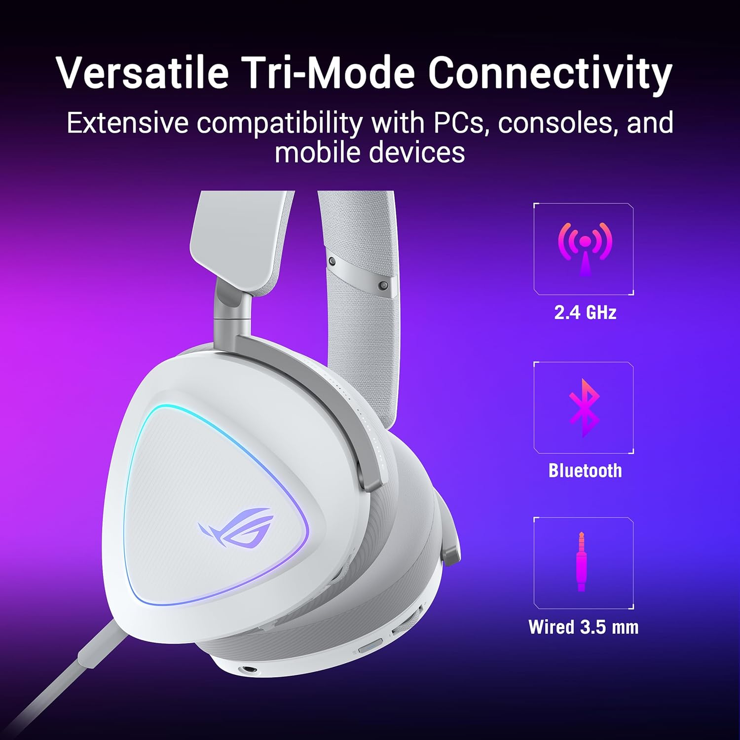 Weißes Gaming-Headset mit blau-violetten Akzenten. Verfügt über 2,4 GHz, Bluetooth und kabelgebundene 3,5-mm-Konnektivitätsoptionen.