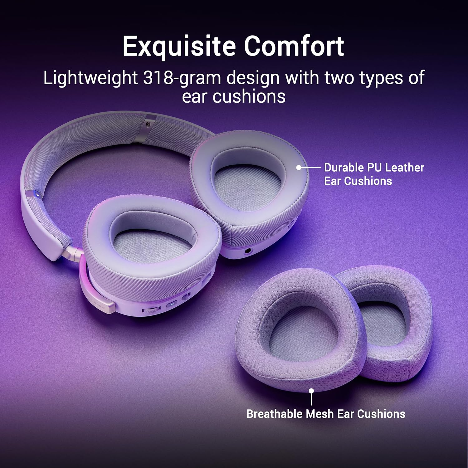 Kopfhörer mit zwei Arten von Ohrpolstern auf lila Hintergrund. Text: 'Exquisite Comfort', 'Leichtes Design'.
