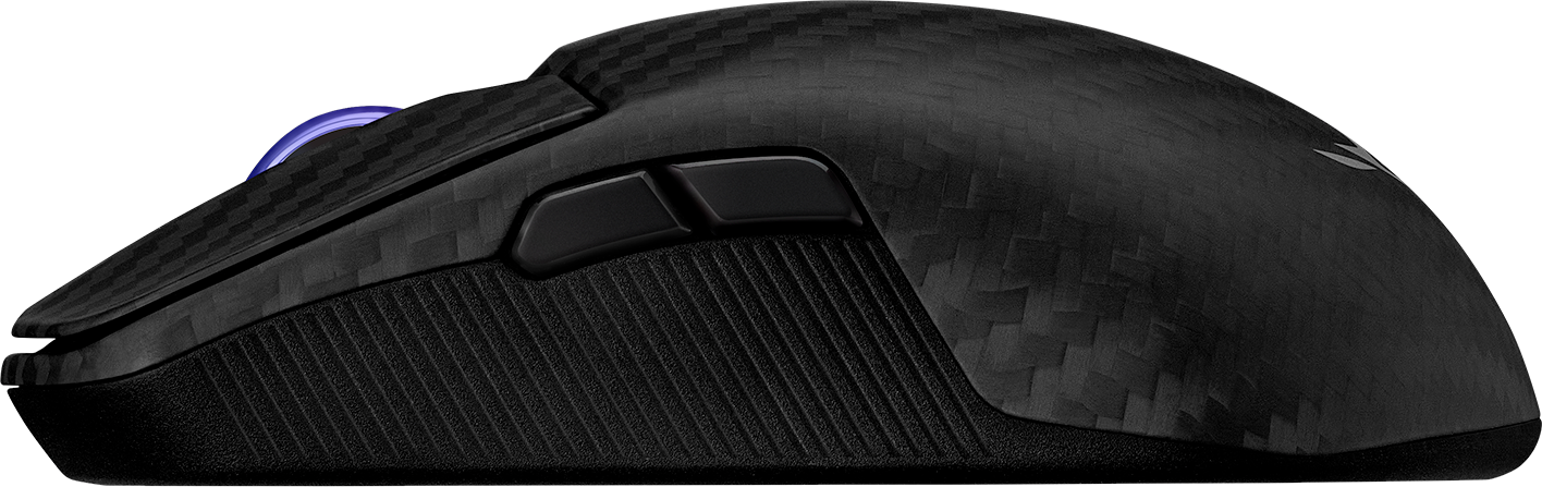 Eine schwarze Computermaus mit zwei Knöpfen an der Seite, strukturierter Oberfläche und beleuchtetem Scrollrad.