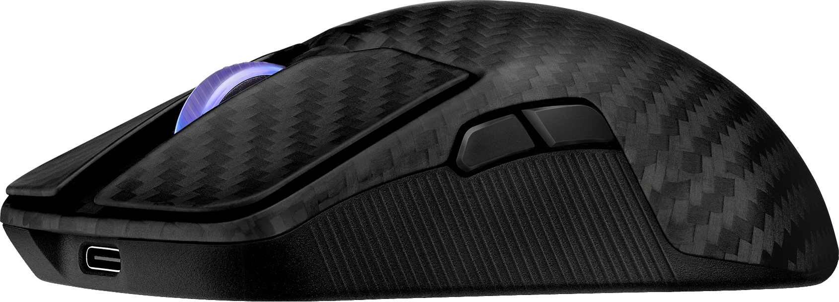 Eine schwarze Gaming-Maus aus Kohlefaser mit zwei Tasten und einem USB-Anschluss. Sie hat blaue Lichter.