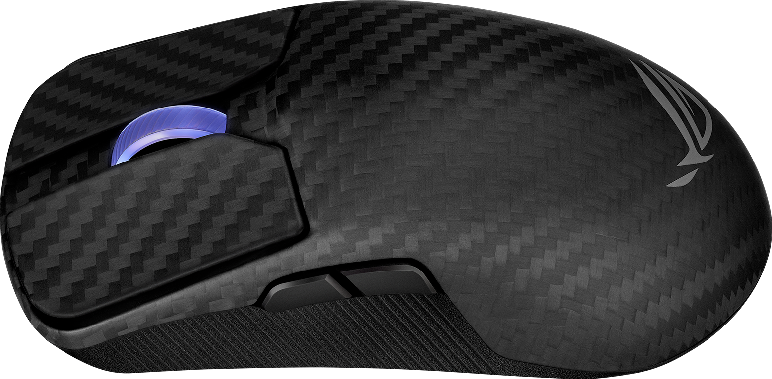 Eine schwarze Gaming-Maus aus Kohlefaser mit blau beleuchtetem Scrollrad. Das ROG-Logo befindet sich rechts.