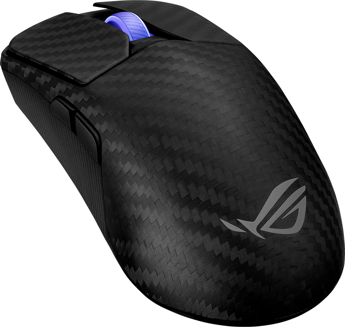 Eine schwarze Gaming-Maus aus Kohlefaser mit blauem Scrollrad und dem ROG-Logo an der Seite.