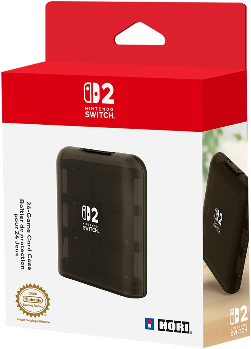 Una custodia per schede di gioco Nintendo Switch in una scatola. La scatola è rossa e bianca con il logo Nintendo Switch. La custodia è nera.