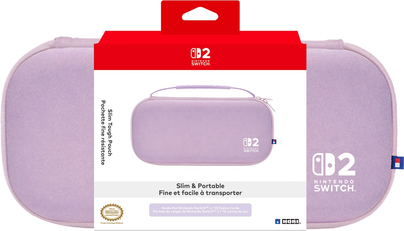 Una custodia Nintendo Switch viola con la parte superiore rossa. La custodia ha una maniglia e una cerniera, con il logo Nintendo Switch.