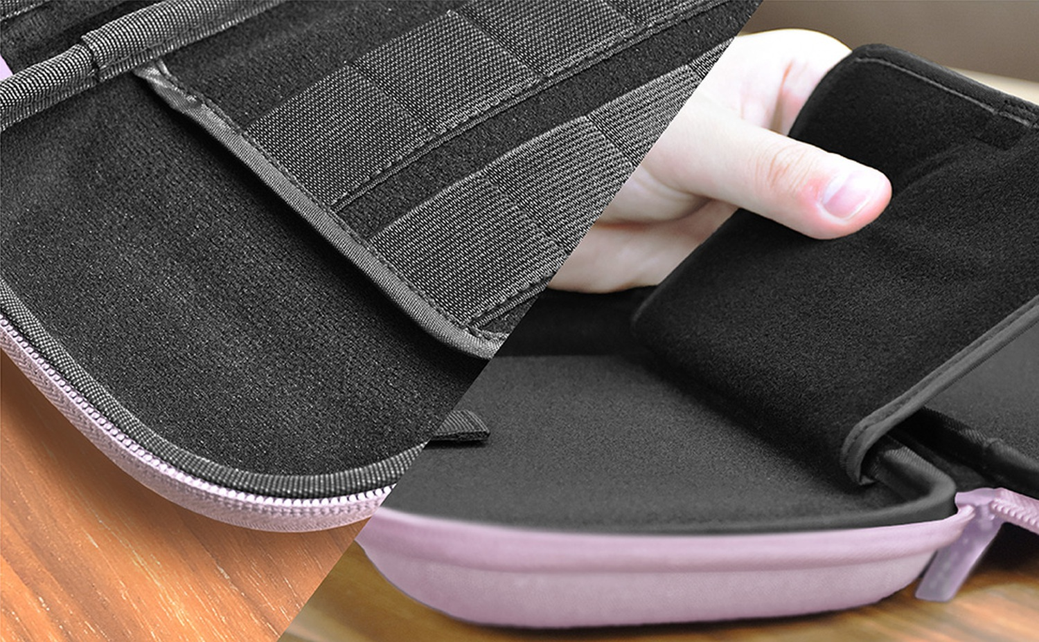Primo piano di una custodia con interno nero e una mano che la apre. La custodia ha una cerniera rosa ed è in tessuto.
