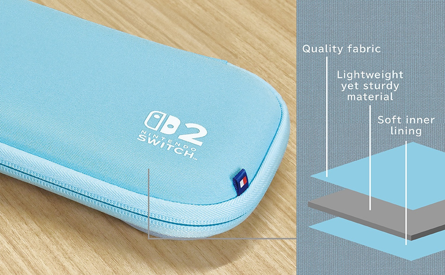 Una custodia Nintendo Switch azzurra. Ha una cerniera, il logo Nintendo Switch e del testo che descrive le sue caratteristiche.
