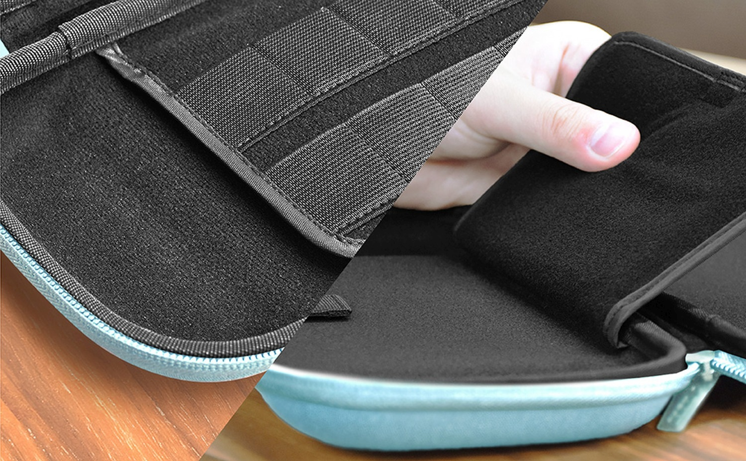 Primo piano di una custodia nera con cerniera azzurra. Una mano tiene una parte della custodia.