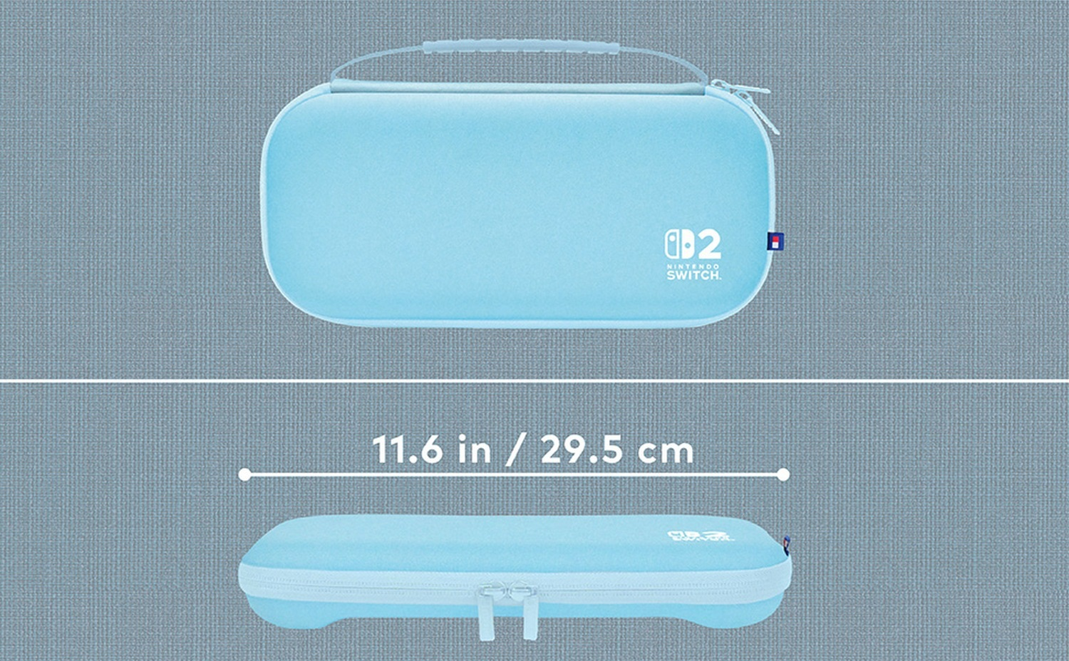 È mostrata una custodia Nintendo Switch azzurra. La custodia è ovale e ha una maniglia. Le dimensioni sono 11,6 pollici / 29,5 cm.